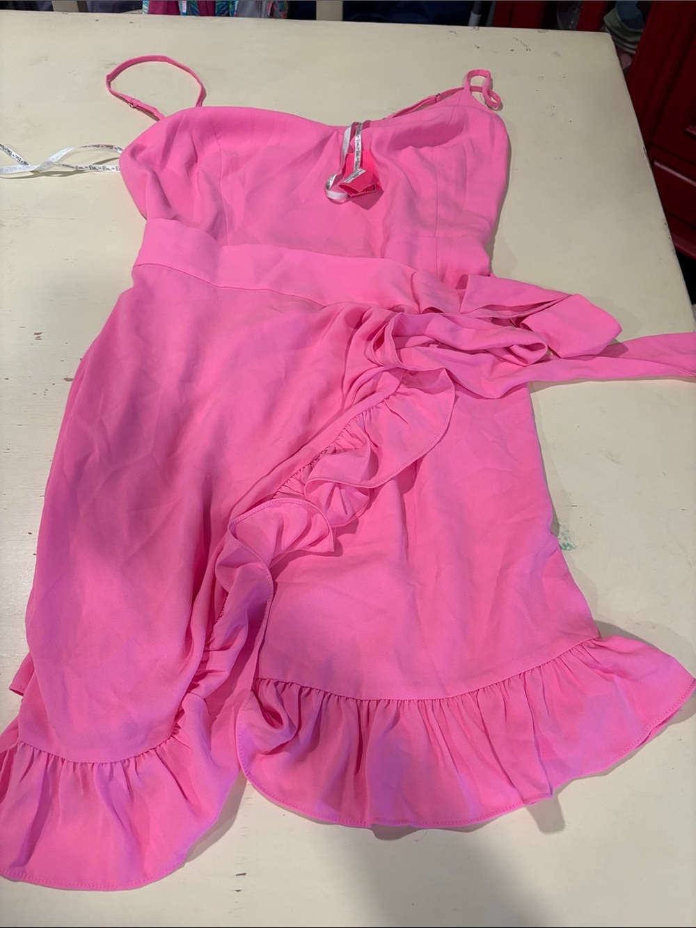 Lilly Pulitzer Hot Pink Ruffle Wrap Dress with Spaghetti Straps